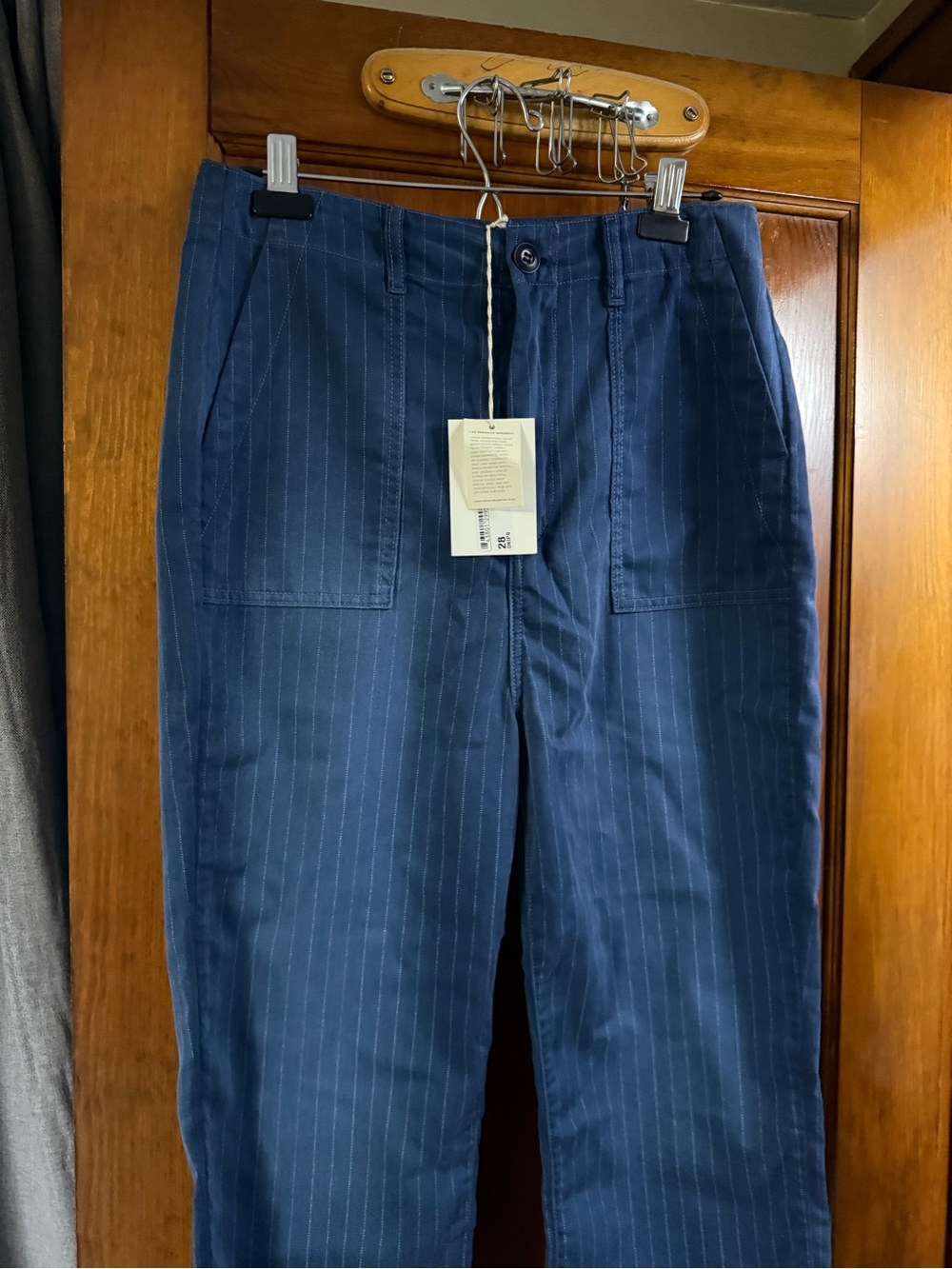 THE GREAT. Navy Pinstripe Trousers